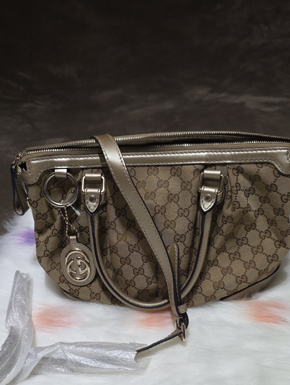 Gucci Brown Beige GG Canvas Shoulder Satchel with Gold Charm